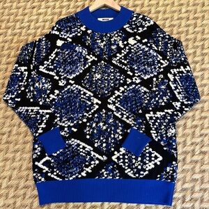 MSGM Sweater - Women's Medium Blue Black - Crewneck Python Knit Long Sleeved
